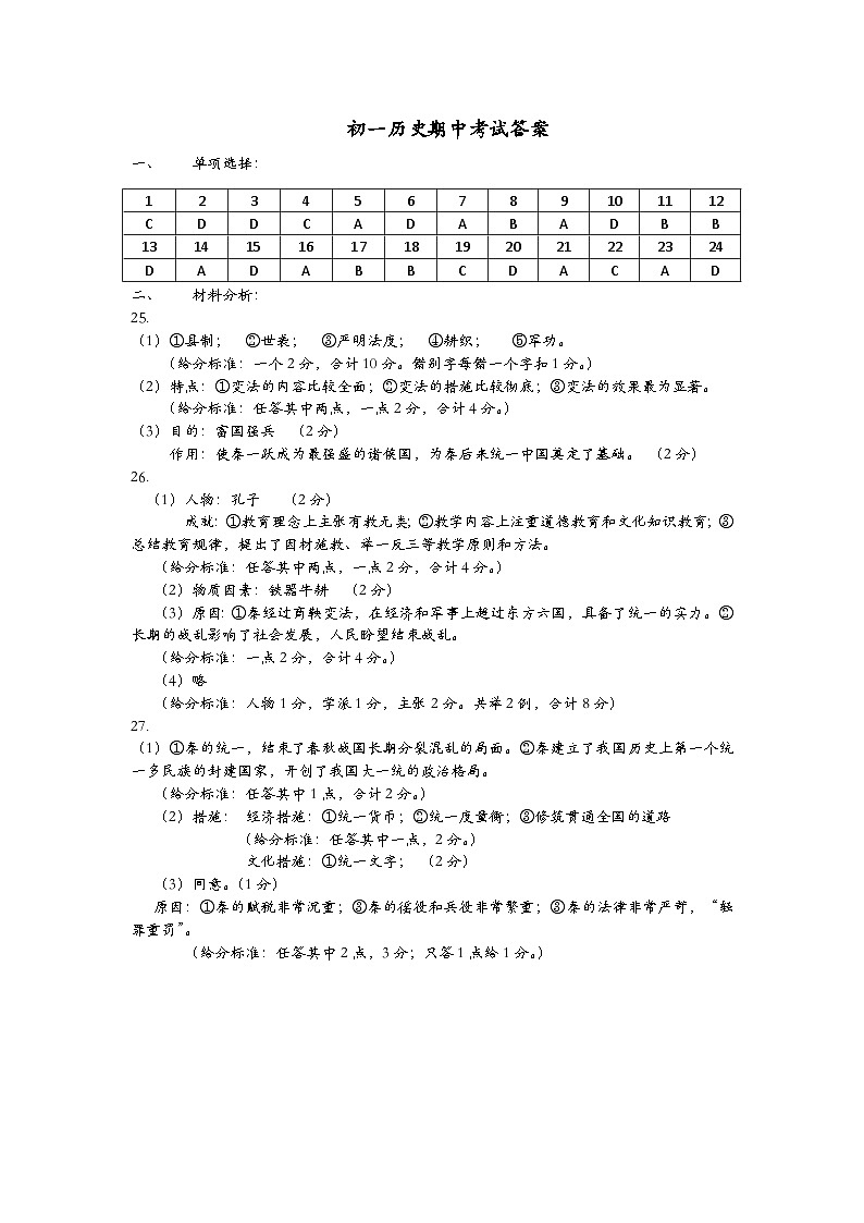 初一历史期中答案第1页