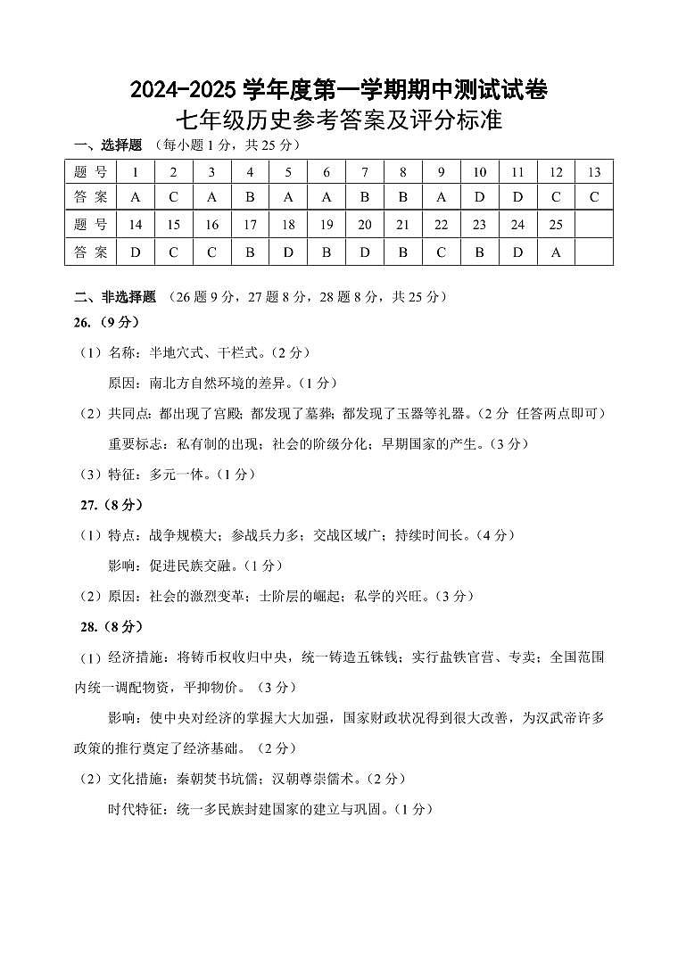 2024.11七年级期中试题答案（历史）第1页