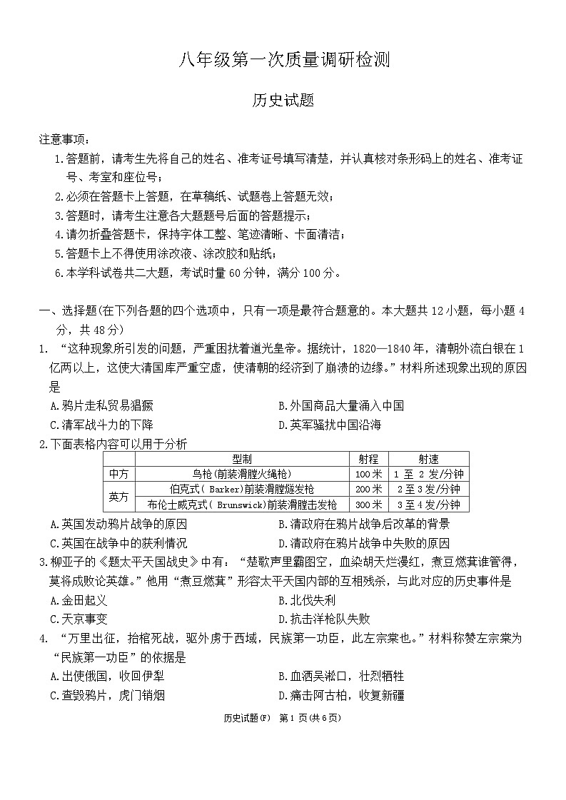 湖南省长沙市湖南师大附中教育集团2024-2025学年部编版八年级上学期期中考试历史试题第1页
