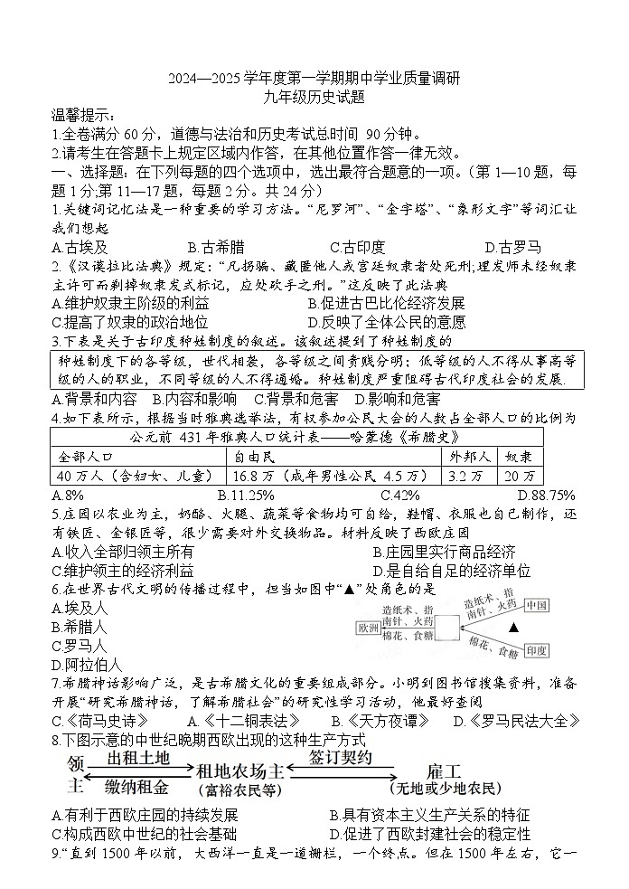 江苏省连云港市海州区2024-2025学年部编版九年级上学期期中历史试卷第1页