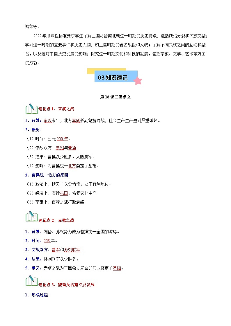 2024-2025学年七年级历史上册单元知识速记清单第四单元《三国两晋南北朝时期：政权分立与民族交融》讲义-（统编版2024新教材）第3页