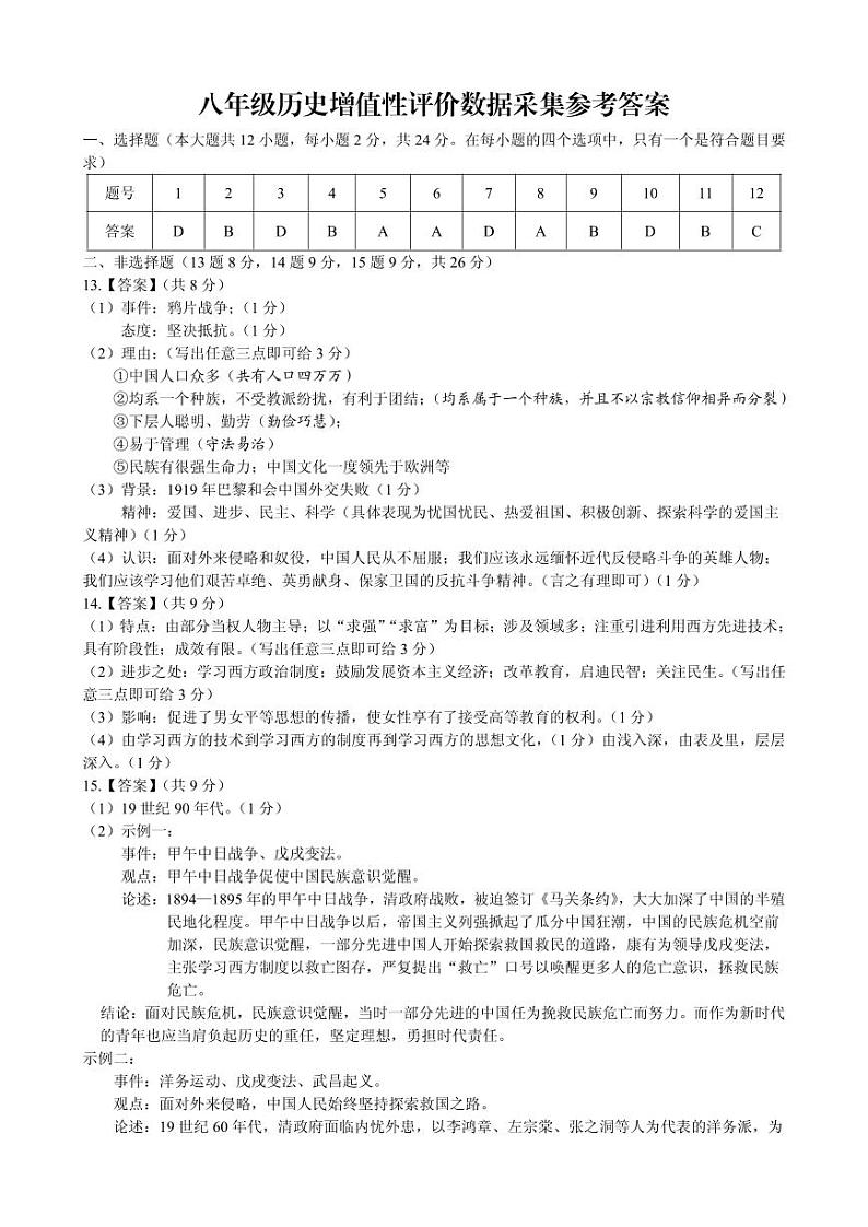 八年级期中历史参考答案第1页