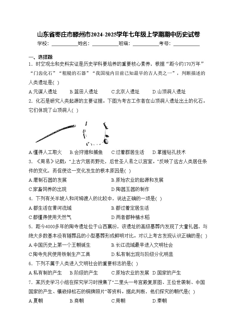 山东省枣庄市滕州市2024-2025学年七年级上学期期中历史试卷(含答案)第1页