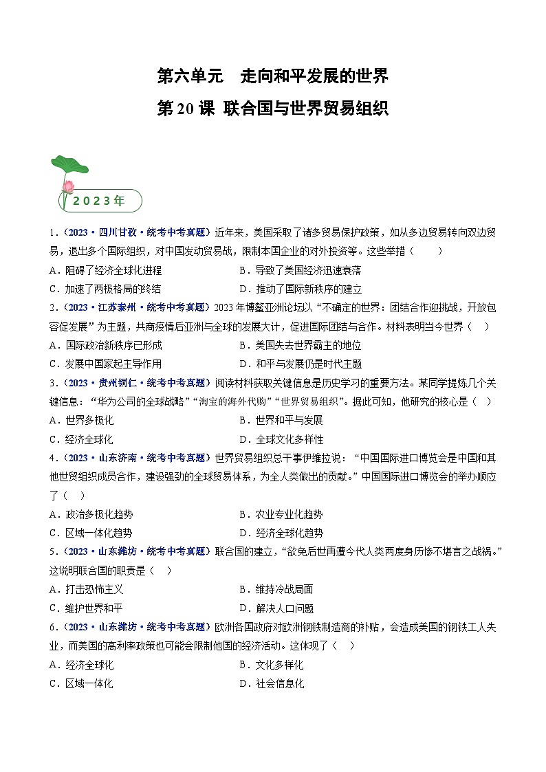 2025年中考历史一轮复习练习九下第20课 联合国与世界贸易组织（原卷版）第1页