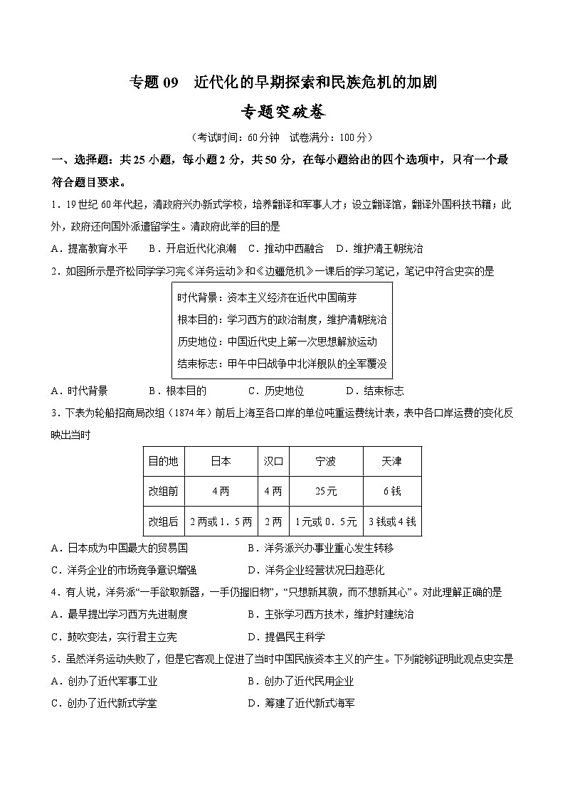 2025年中考历史一轮复习专题突破卷09 近代化的早期探索和民族危机的加剧（原卷版）第1页