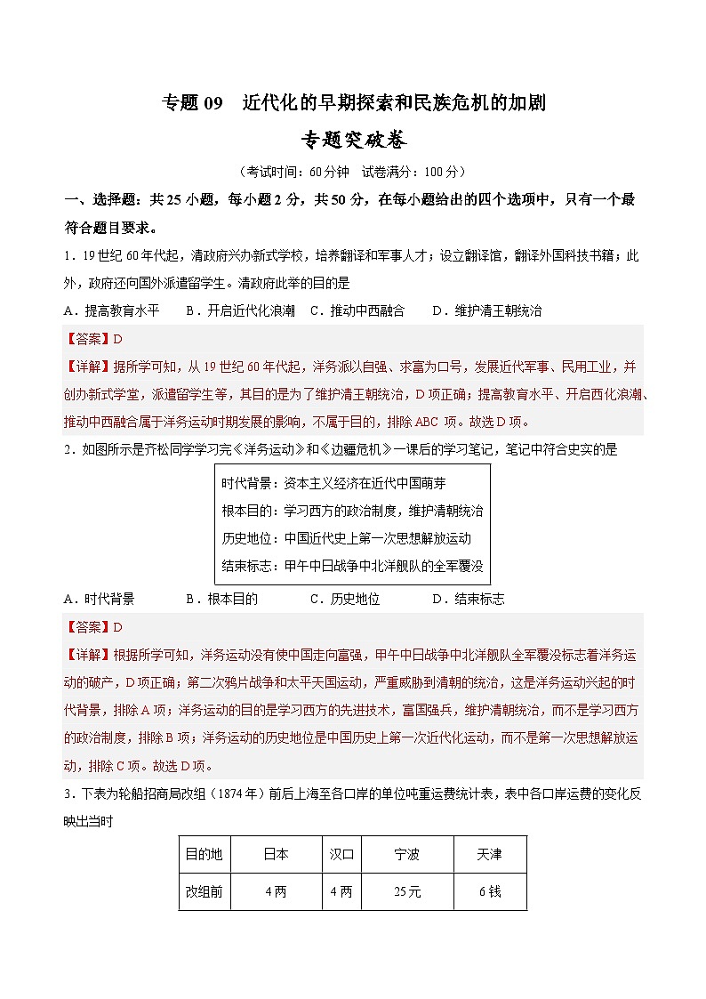 2025年中考历史一轮复习专题突破卷09 近代化的早期探索和民族危机的加剧（解析版）第1页