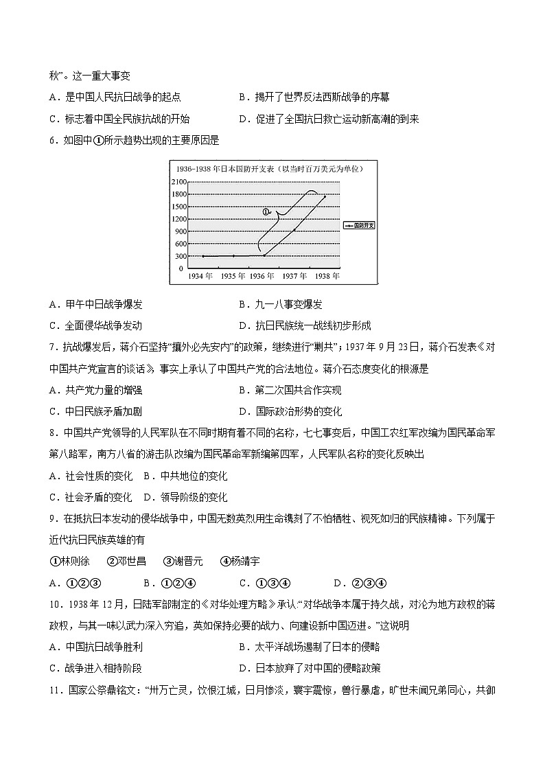 2025年中考历史一轮复习专题突破卷13 中华民族的抗日战争（原卷版）第2页