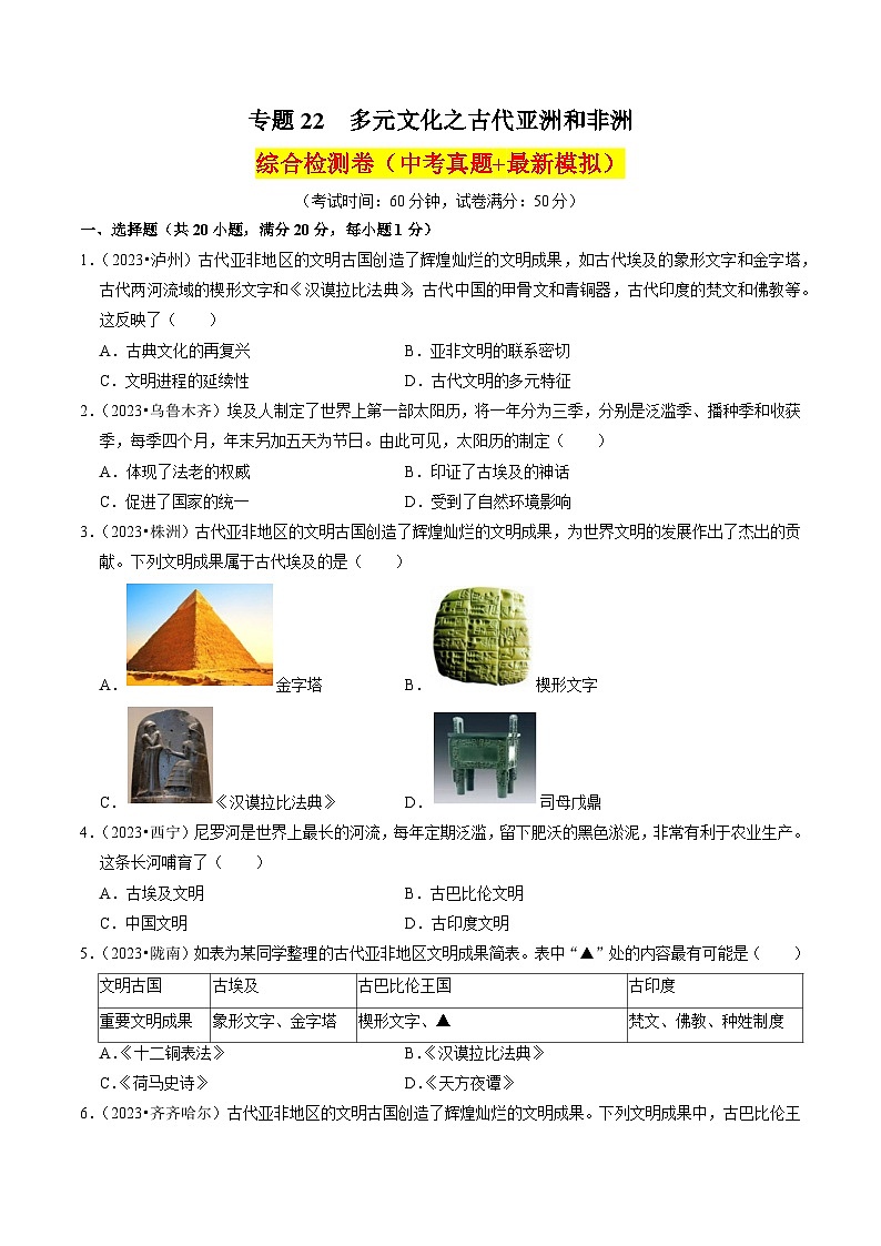 （部编版）中考历史一轮复习考点练习专题22 多元文化之古代亚洲和非洲（原卷版）第1页