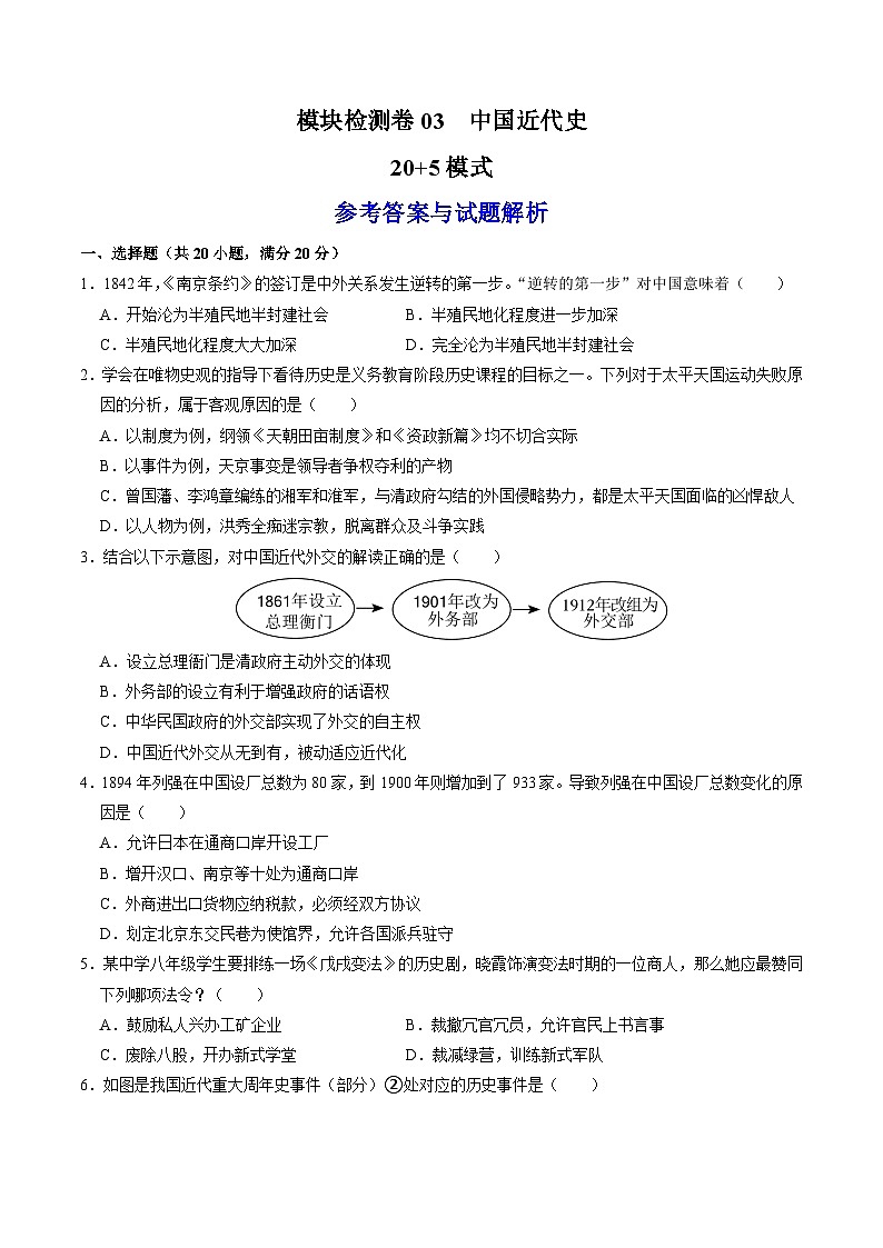 （部编版）中考历史一轮复习考点练习模块检测卷03 中国近代史（20+5模式）（原卷版）第1页