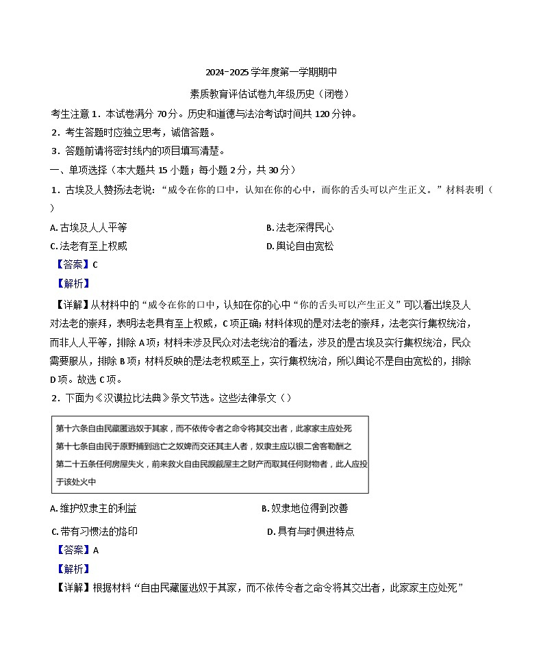 安徽省芜湖市2024-2025学年九年级上学期期中历史试题（解析版）01