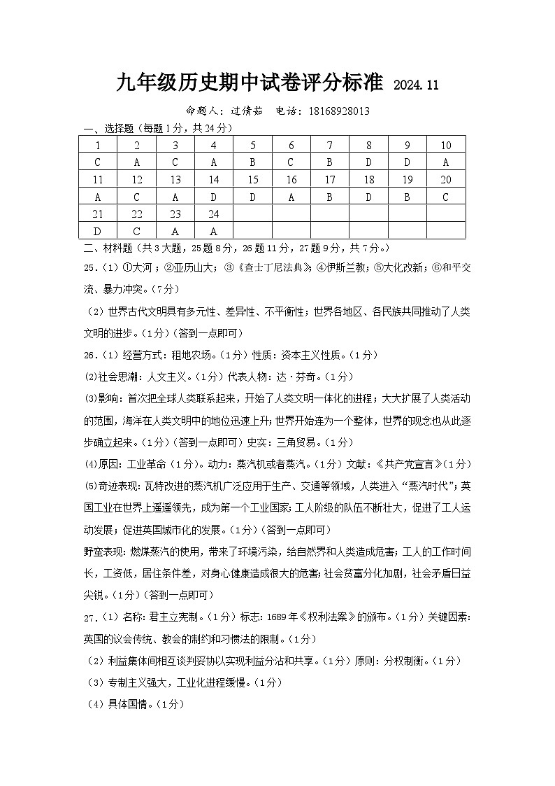 江苏省无锡市惠山区2024-2025学年九年级上学期期中考试历史试题评分标准第1页