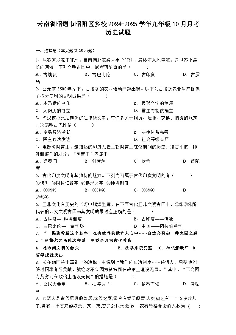 云南省昭通市昭阳区多校2024-2025学年九年级10月月考历史试题第1页