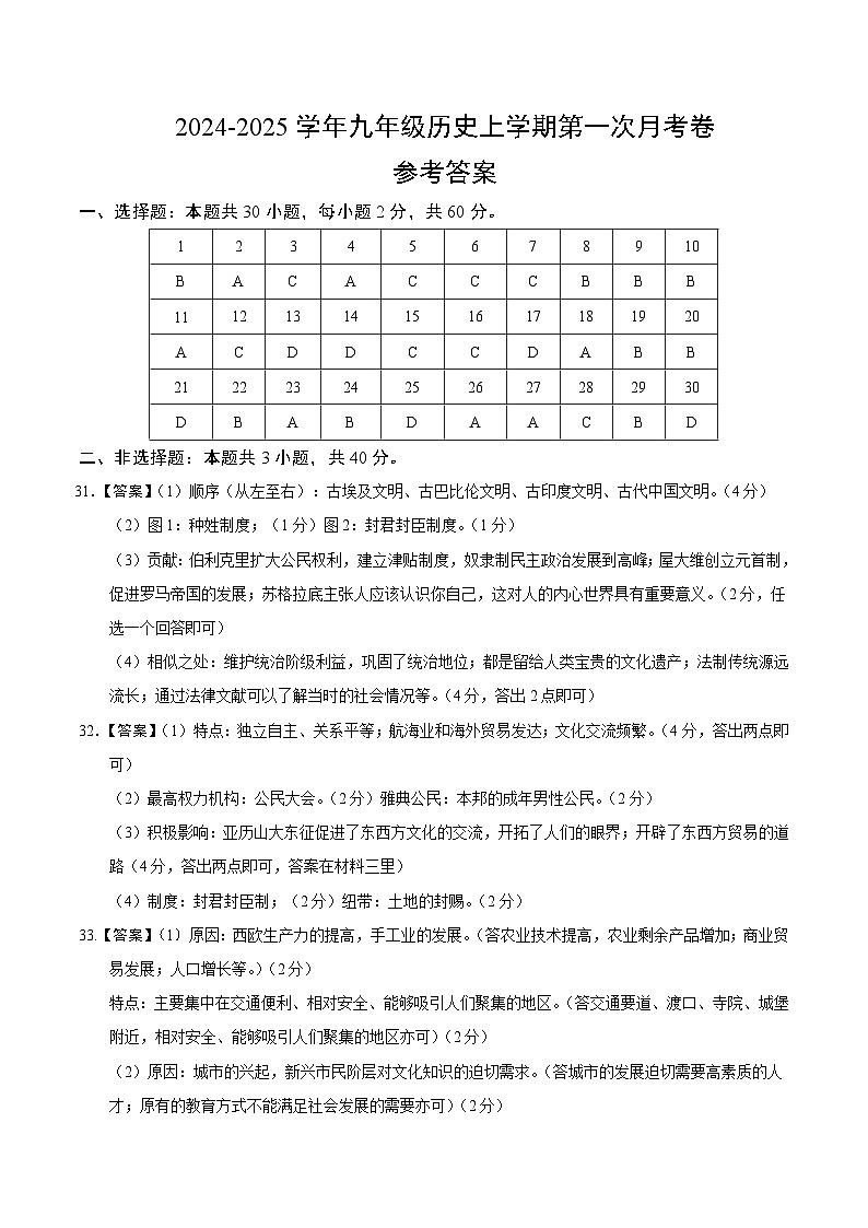 2024年九年级历史第一次月考卷（参考答案）第1页