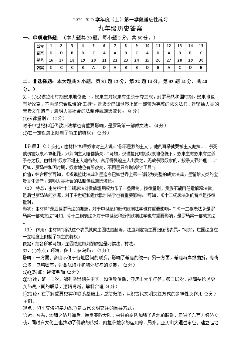 广东省广州市执信中学2024--2025学年部编版九年级历史上学期阶段适应性练习题答案第1页