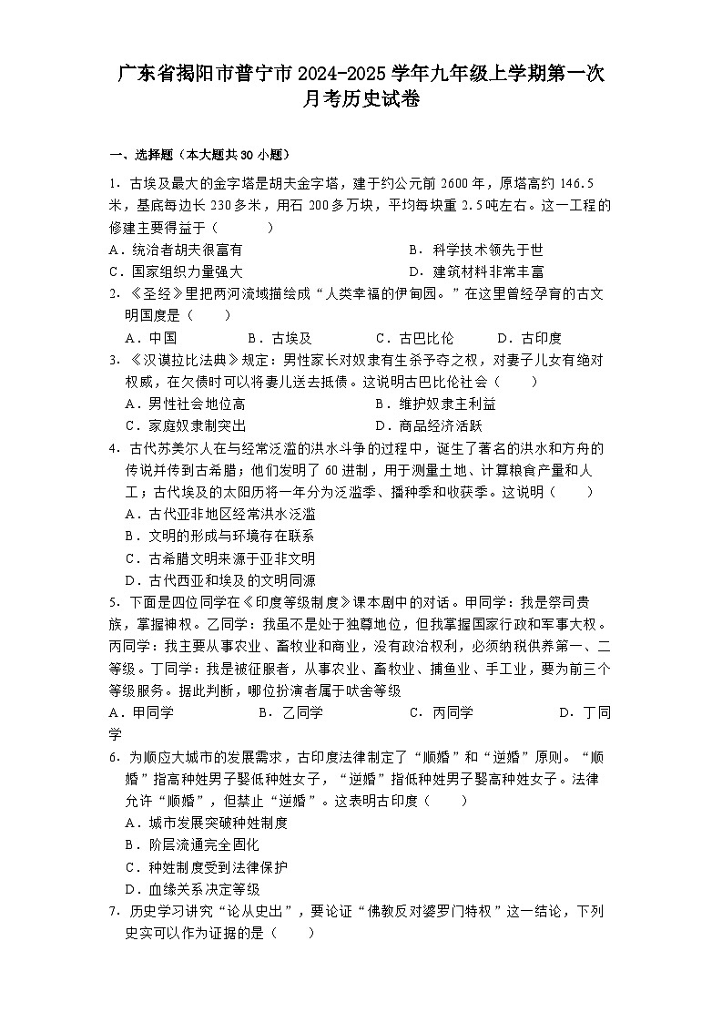广东省揭阳市普宁市2024-2025学年九年级上学期第一次月考历史试卷第1页