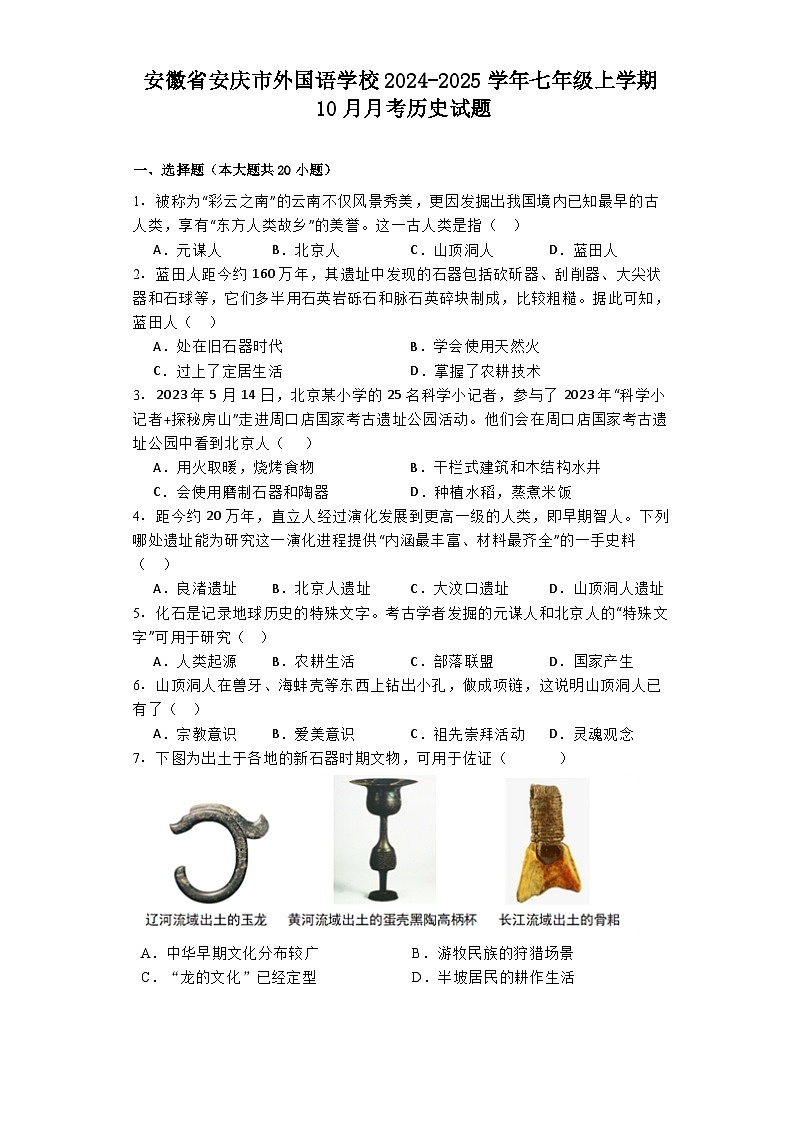 安徽省安庆市外国语学校2024-2025学年七年级上学期10月月考历史试题第1页