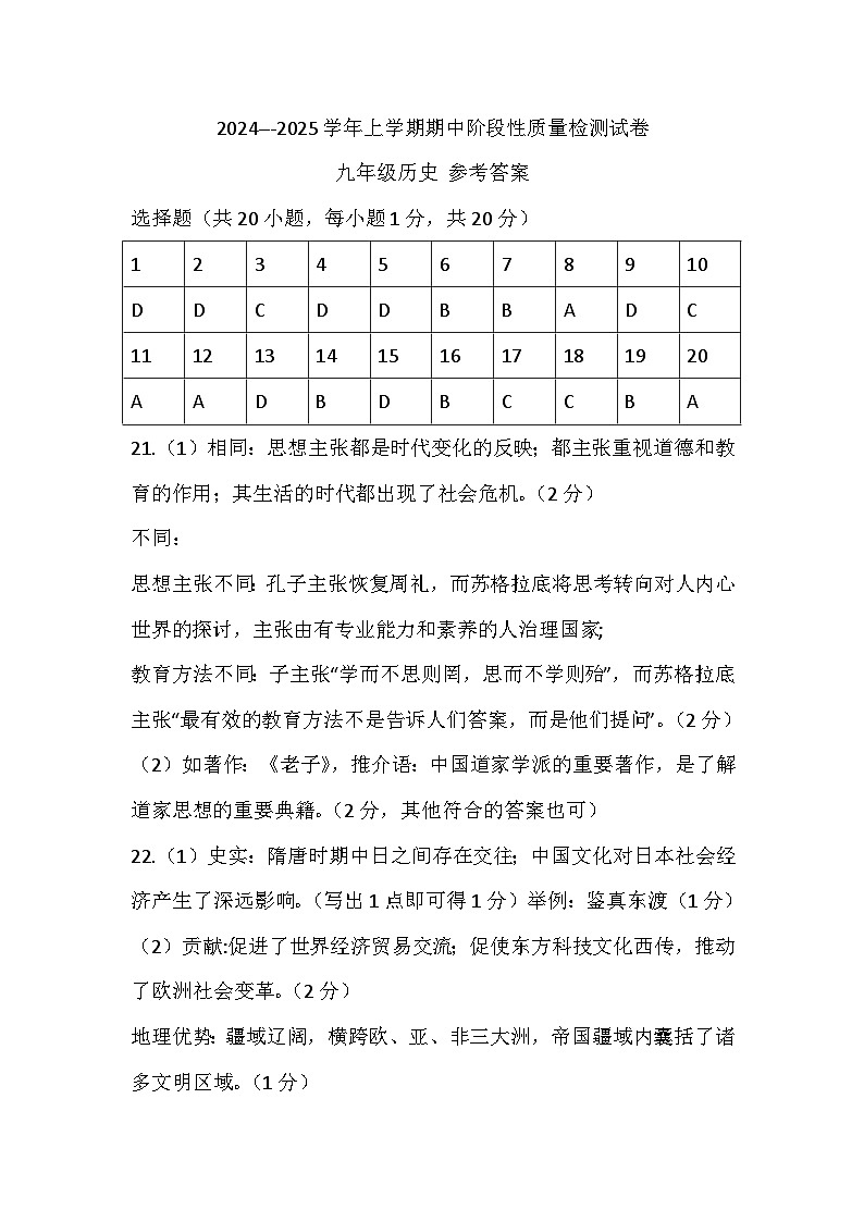 2024-2025学年上学期九年级历史期中阶段性质量检测参考答案第1页