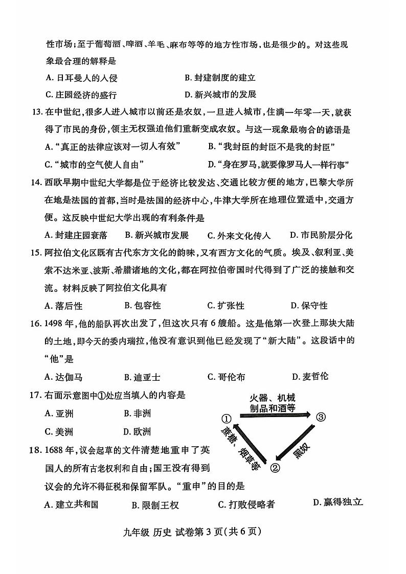 河南省洛阳市洛龙区2024-2025学年九年级上学期11月期中历史试题第3页