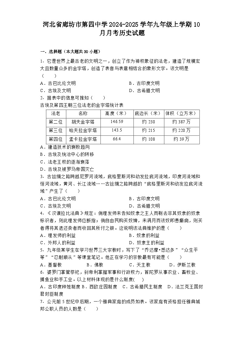 河北省廊坊市第四中学2024-2025学年九年级上学期10月月考历史试题第1页