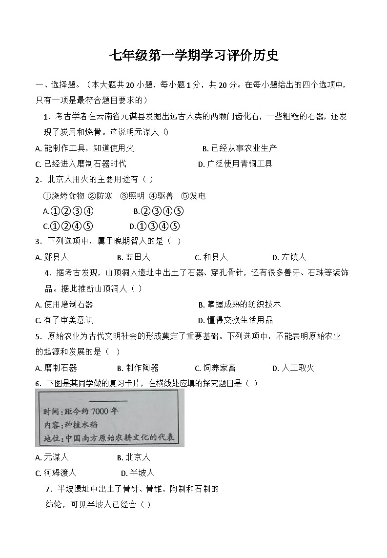 河南省新乡市原阳县路寨乡贾村实验学校2024-2025学年七年级上学期10月月考历史试题第1页