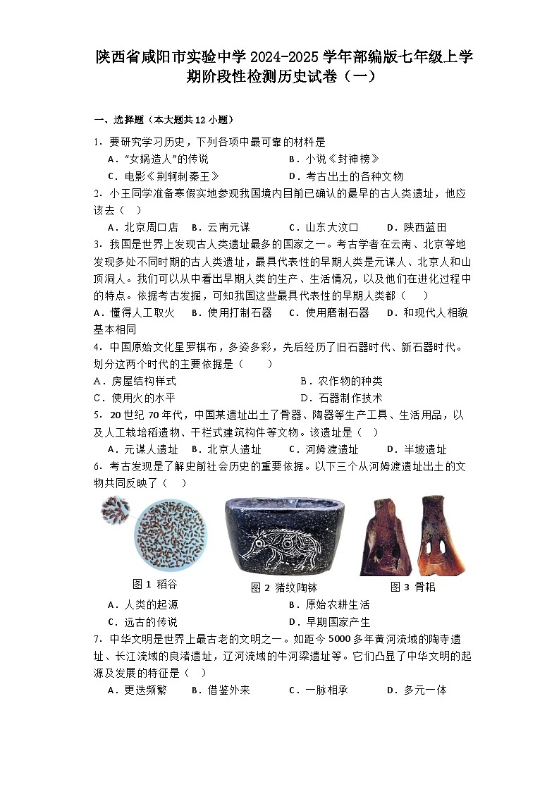陕西省咸阳市实验中学2024-2025学年部编版七年级上学期阶段性检测历史试卷（一）第1页
