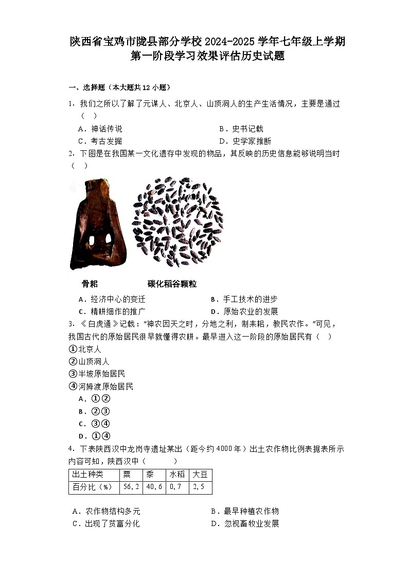 陕西省宝鸡市陇县部分学校2024-2025学年七年级上学期第一阶段学习效果评估历史试题第1页