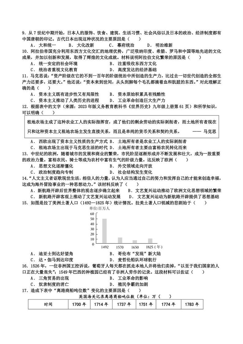 江西省宜春市丰城中学2024～2025学年九年级(上)期中历史试卷(含答案)第2页