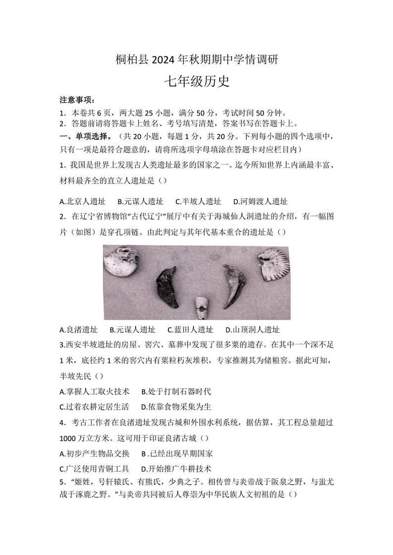 河南省南阳市桐柏县2024～2025学年七年级(上)期中历史试卷(含答案)第1页