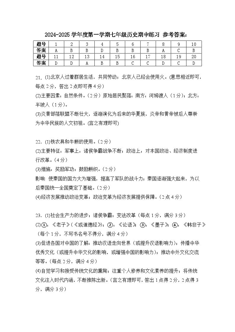 2024-2025学年度第一学期七年级历史期中练习（参考答案）第1页