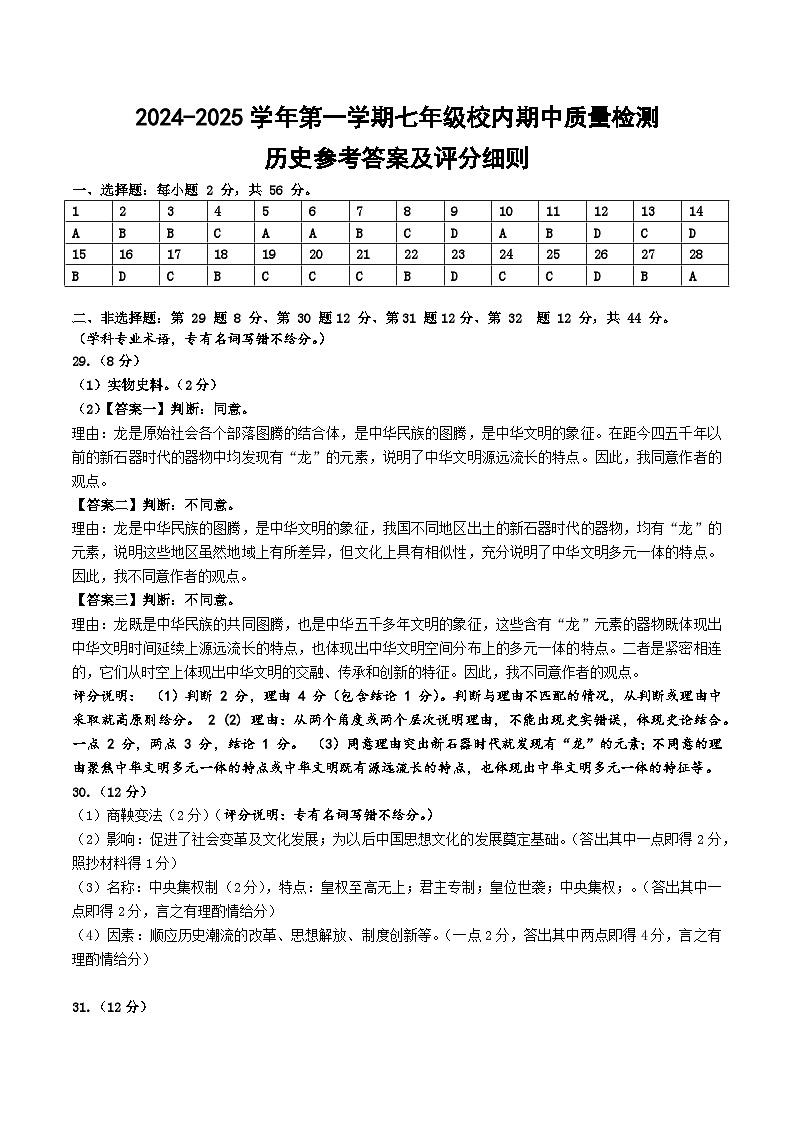福建省福州市福清市2024-2025学年部编版七年级上学期期中考试历史试题01