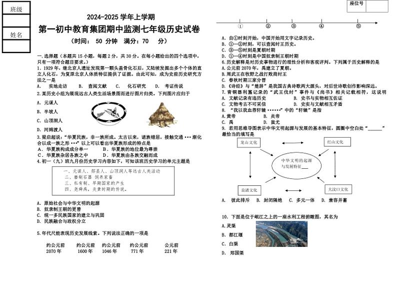 辽宁省丹东市宽甸县第一初级中学教育集团2024～2025学年七年级(上)期中历史试卷(含答案)第1页