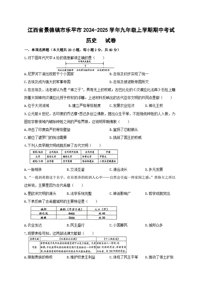 江西省景德镇市乐平市2024-2025学年九年级上学期期中考试历史试卷第1页