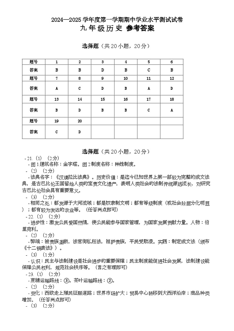 河南省驻马店市遂平县2024-2025学年部编版九年级上学期期中历史试题01