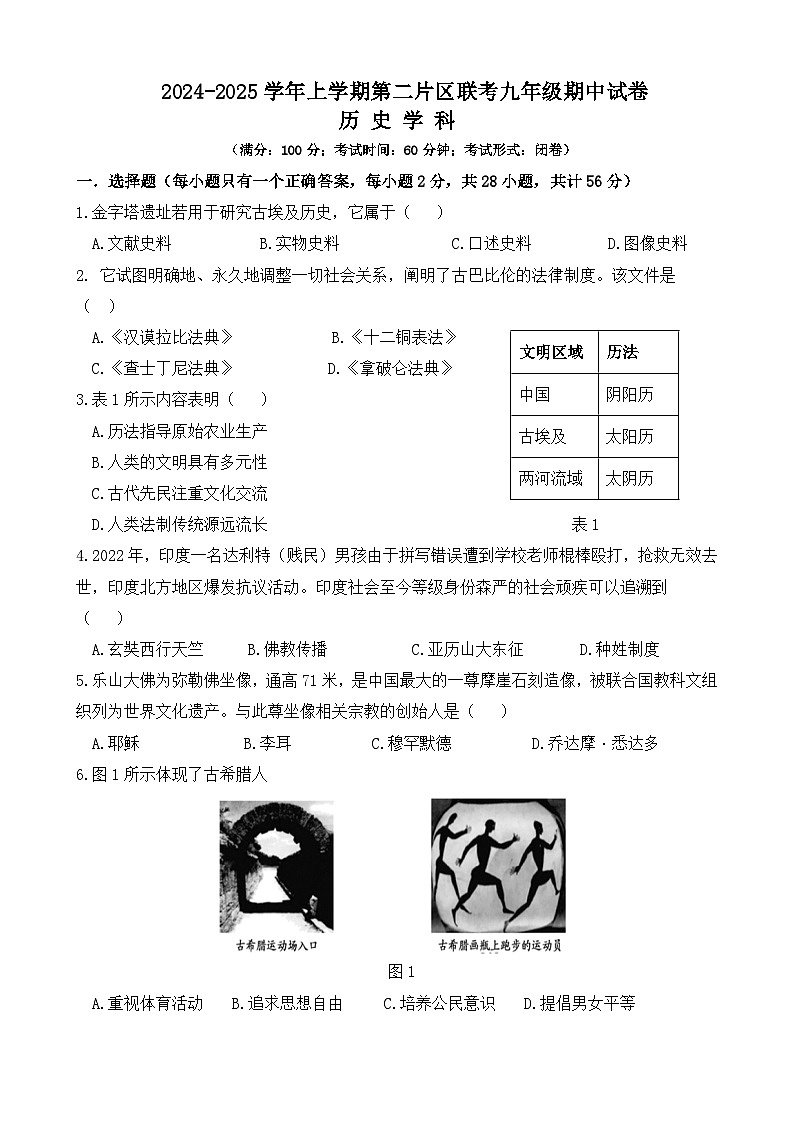 福建省莆田市涵江区第二片区2024-2025学年部编版九年级上学期11月期中历史试题01