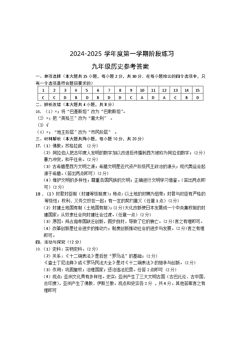 九年级历史参考答案第1页