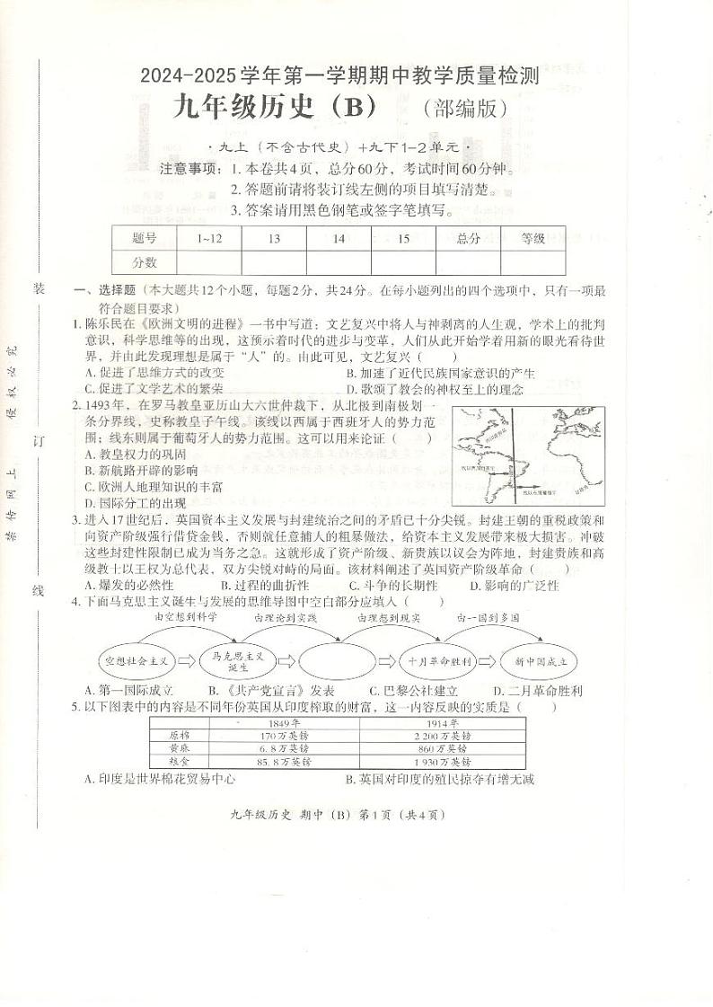 河北省沧州市孟村回族自治县2024-2025学年九年级上学期11月教学质量监测历史试题第1页