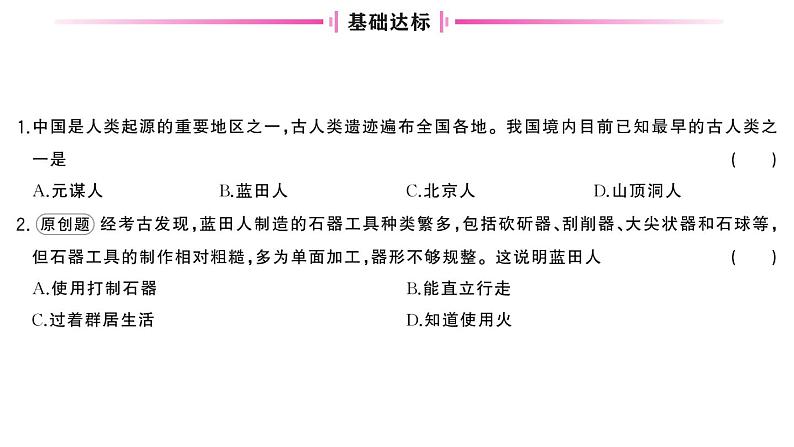 初中历史新人教版七年级上册第一单元第一课 远古时期的人类活动作业课件2024秋第5页