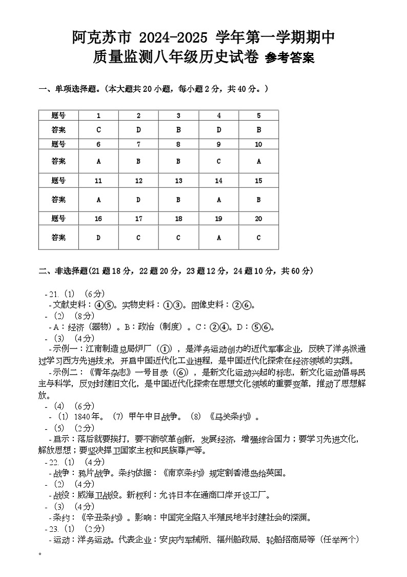 新疆维吾尔自治区阿克苏市2024-2025学年八年级上学期11月期中历史试题参考答案第1页