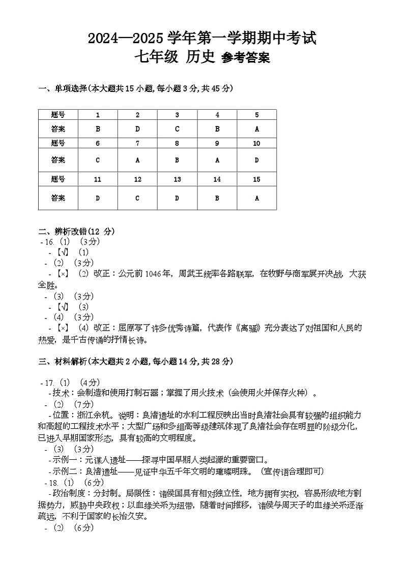 安徽省阜阳市界首市2024-2025学年七年级上学期11月期中历史试题参考答案第1页