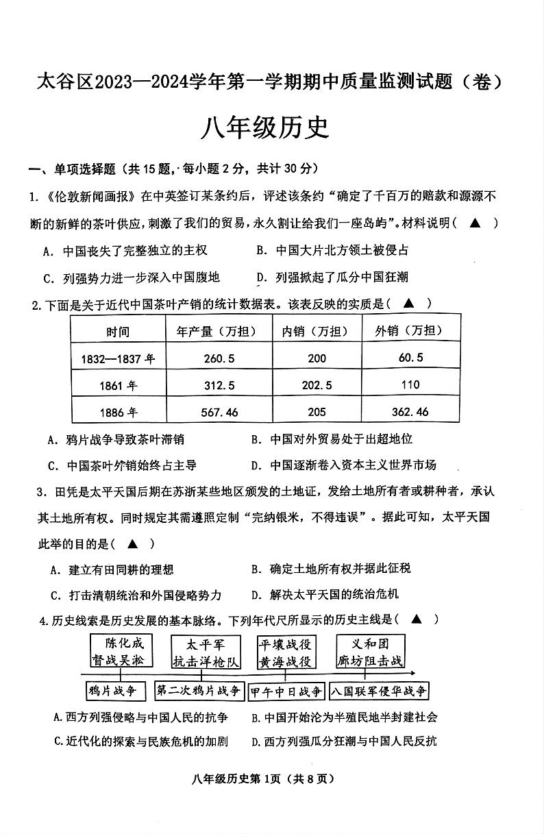 山西省太谷区2023--2024学年部编版八年级上学期历史期中考试题第1页