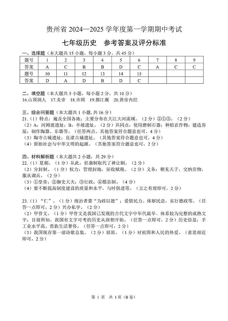 贵州省毕节市织金县思源实验学校2024-2025学年七年级上学期11月期中道德与法治历史试题01