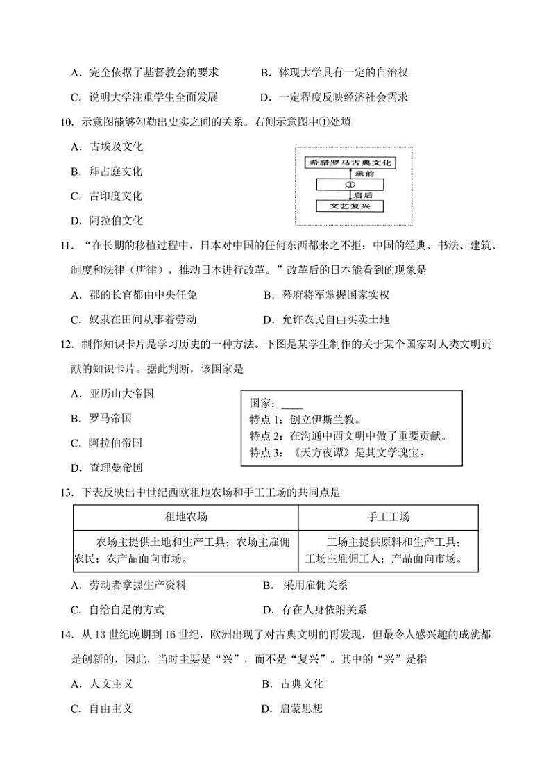 山东省济南市章丘区第四中学2024～2025学年部编版九年级(上)历史期中卷(含答案)03