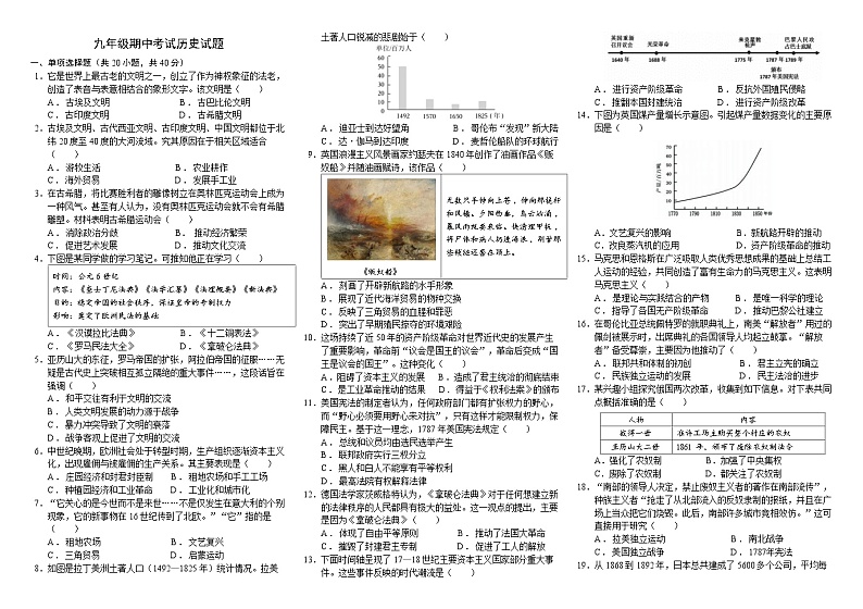 江西省南昌市三中教育集团2024-2025学年部编版九年级历史上学期期中试题01