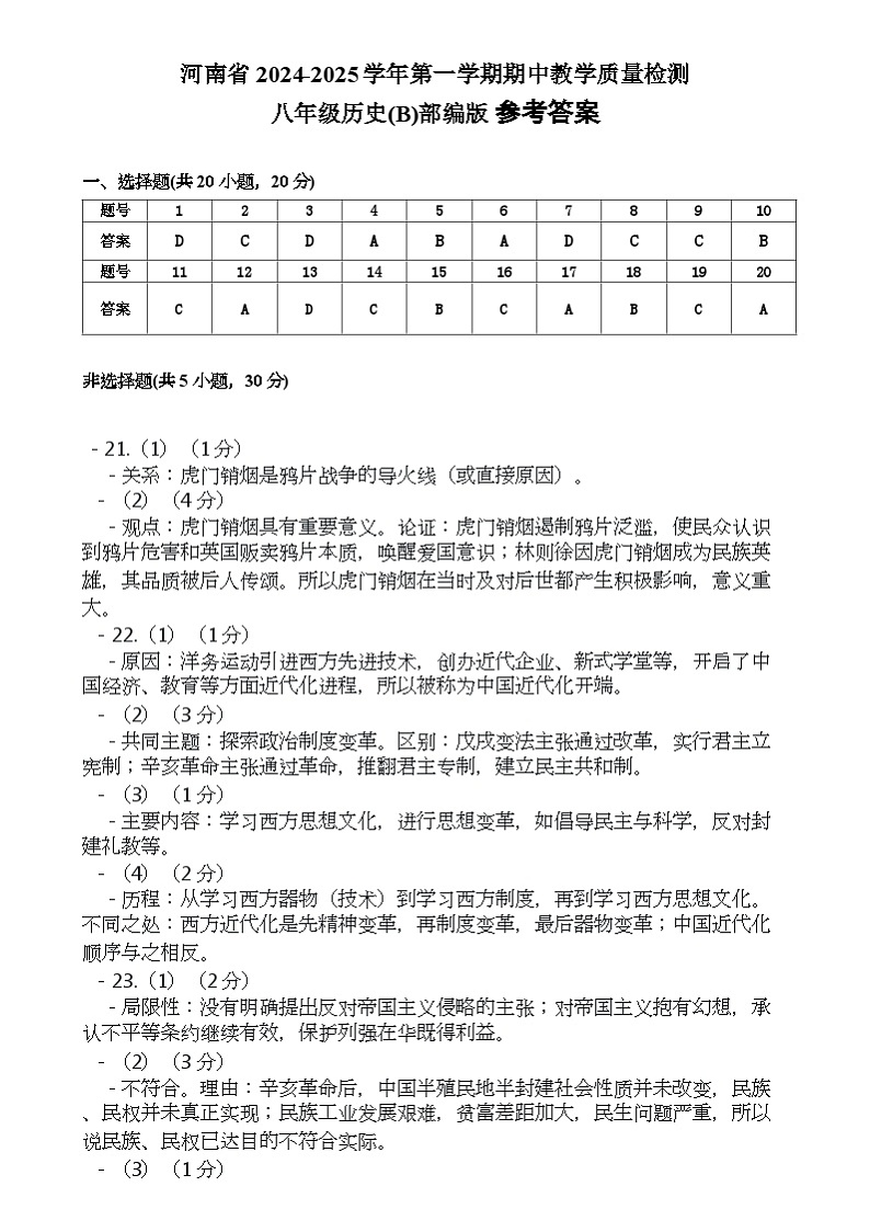 河南省商丘市睢阳区2024-2025学年八年级上学期11月期中历史试题参考答案第1页