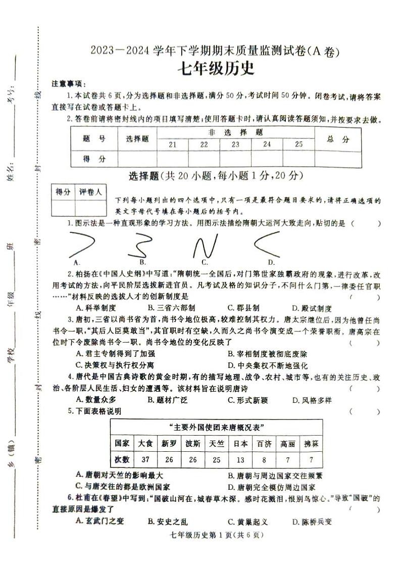 7下期末历史试卷第1页