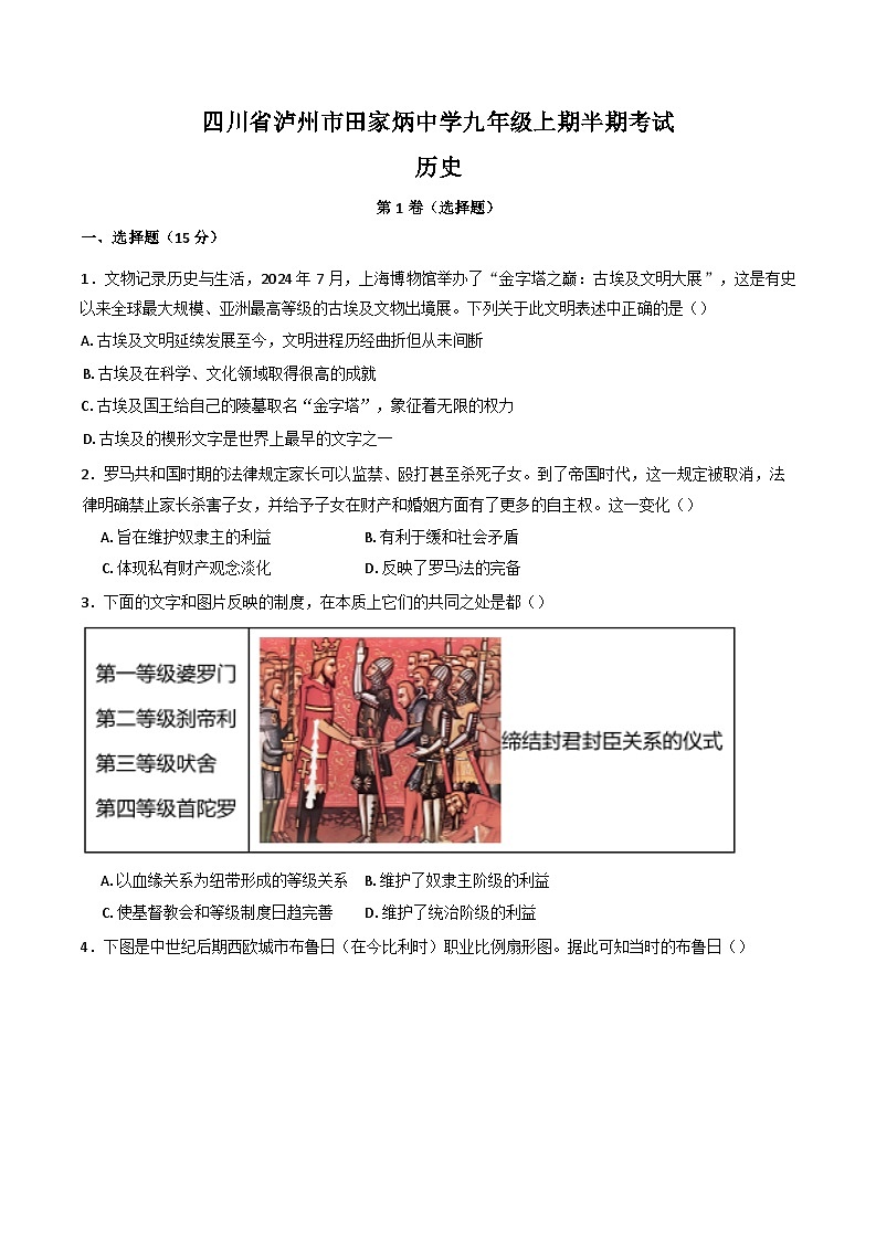 四川省泸州市田家炳中学2024-2025学年九年级上学期11月期中历史试题第1页