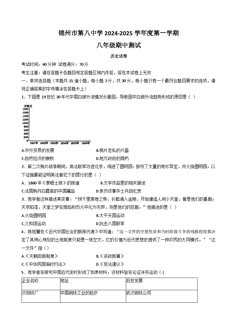 辽宁省锦州市第八初级中学2024-2025学年部编版八年级上学期历史期中试卷第1页