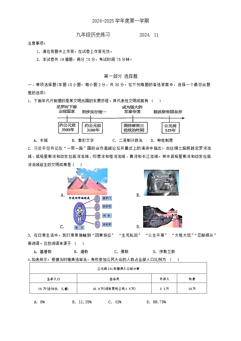 辽宁省瓦房店市2024-2025学年上学期九年级11月期中历史试题第1页