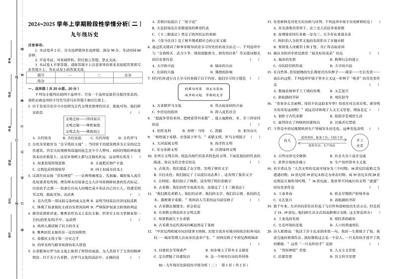 河南省平顶山市2024-2025学年部编版九年级历史上学期期中测试题第1页