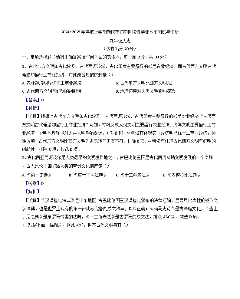 辽宁省沈阳市新民市2024-2025学年九年级上学期期中历史试题（解析版）01
